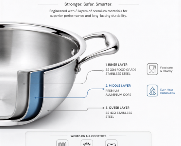Tri-Ply Stainless Steel Kadhai with Lid